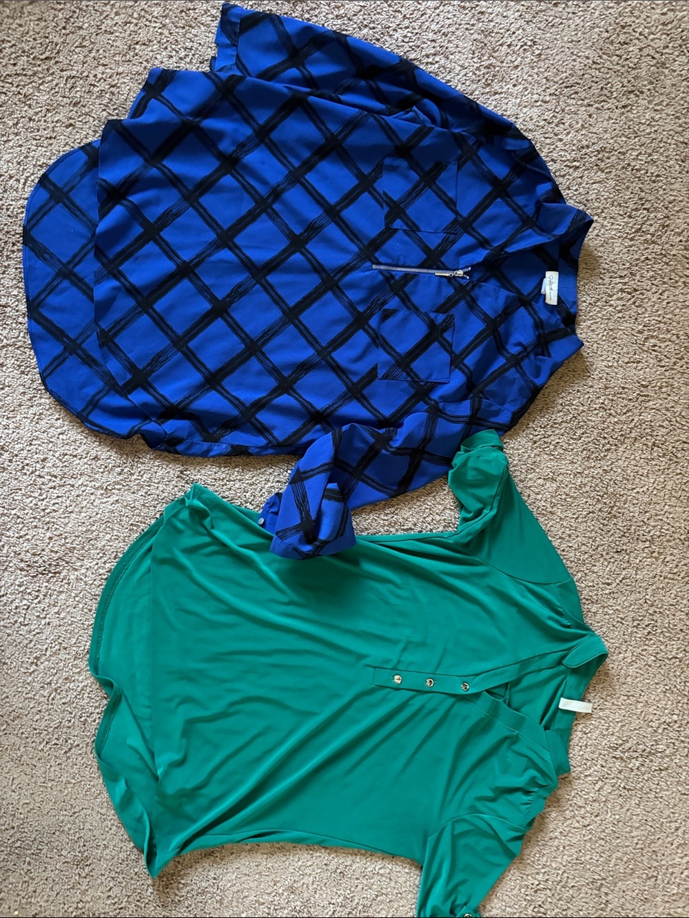 Blue Plaid Zip-Front Blouse